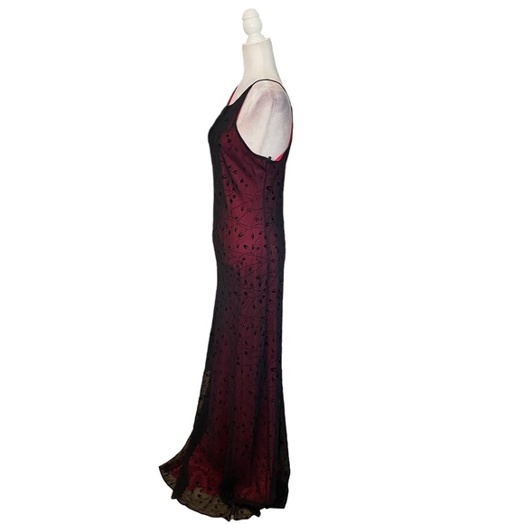 Vintage Chelsea Nites Red Black Floral Mesh Overlay Floor Length Formal Dress 14 - Picture 3 of 5